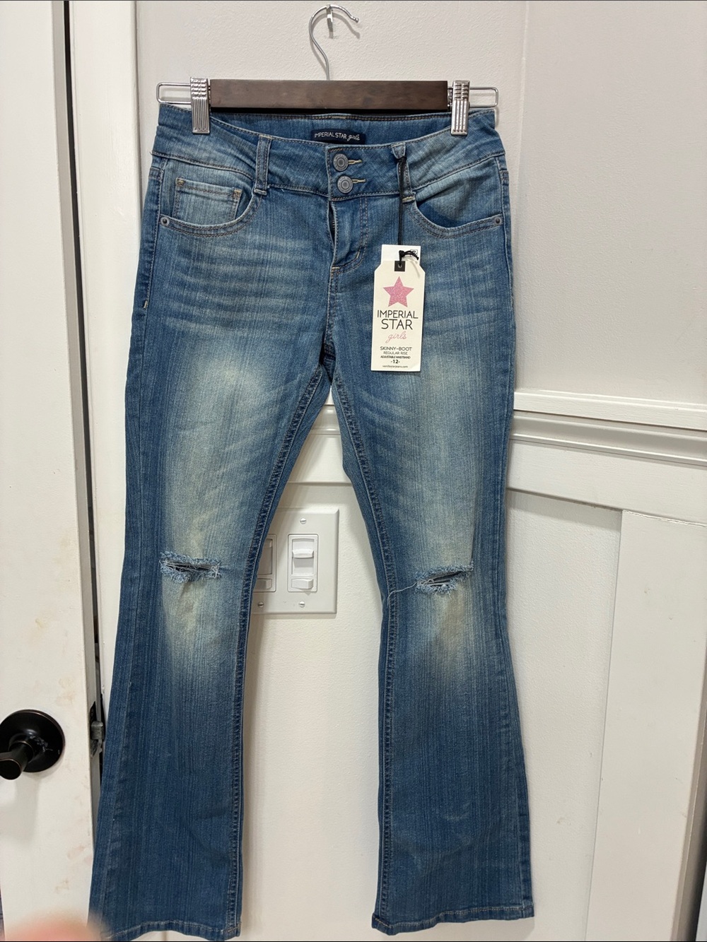 Imperial Star Medium Blue Flare Jeans with Knee Rips
